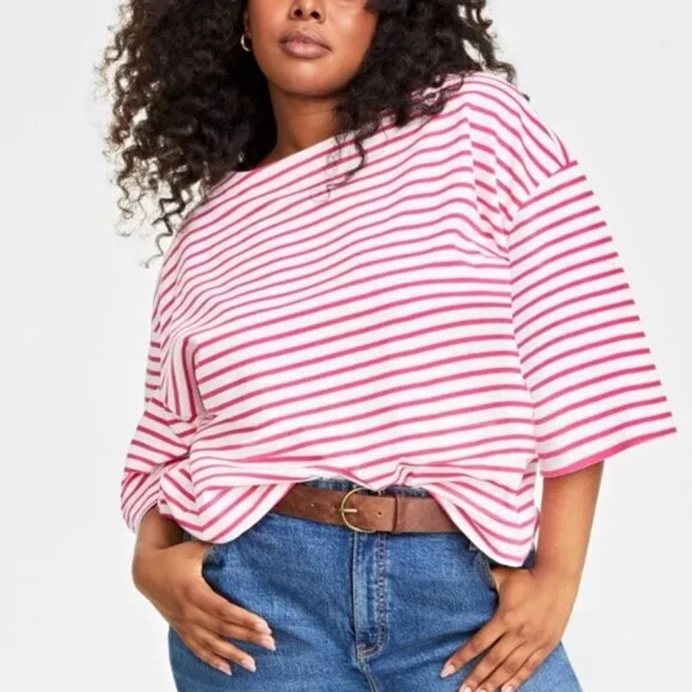 On 34th Plus Size  Heavyweight Cotton Pink Striped Boat-Neck 3/4 Sleeve Top NWT